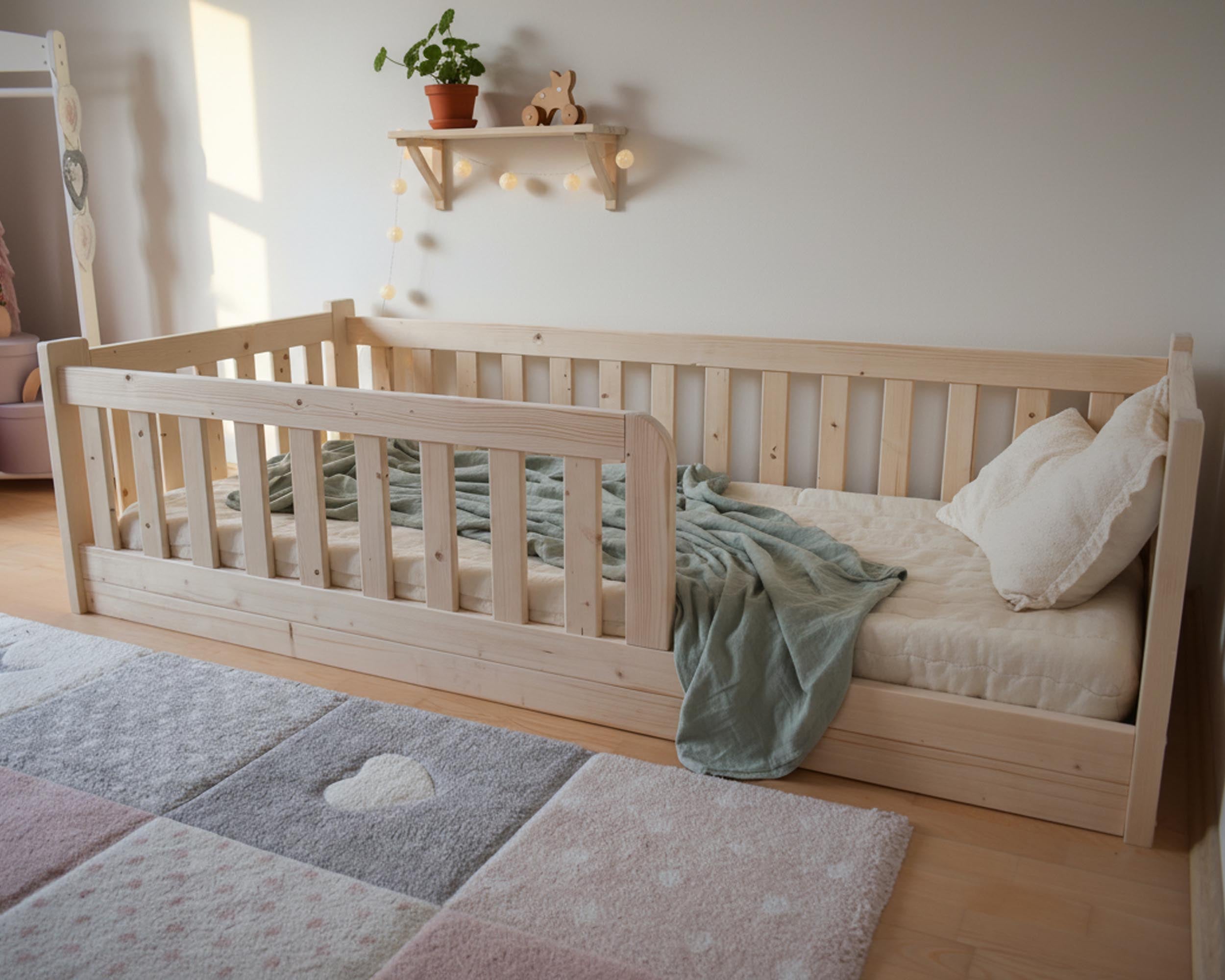 SOVA laste põrandavoodi turvapiiretega, naturaalsest puidust